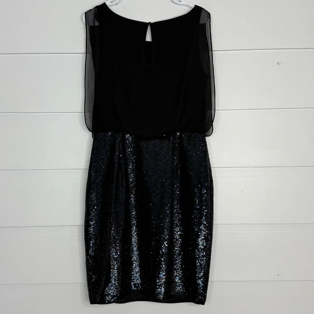 Calvin Klein Black Sequin Cocktail Dress Sleeveless Chiffon Overlay Size 10 - Picture 3 of 10